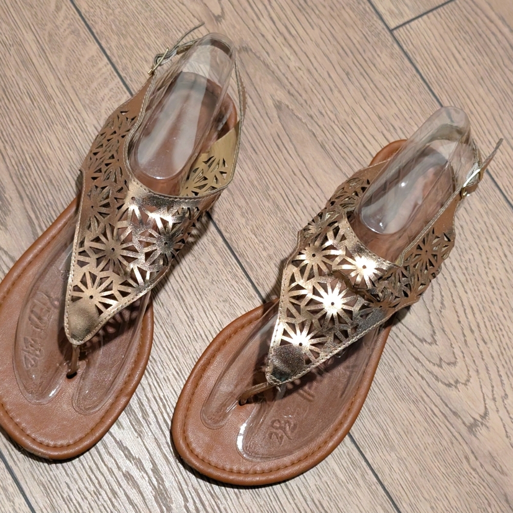 Mixit Metallic Gold Tan Sandals Womens 10‎ Gladiator Faux Leather Thongs